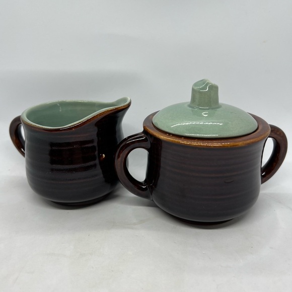 Vintage Red Wing Village Green Sugar Bowl & Creamer Set - Picture 1 of 7